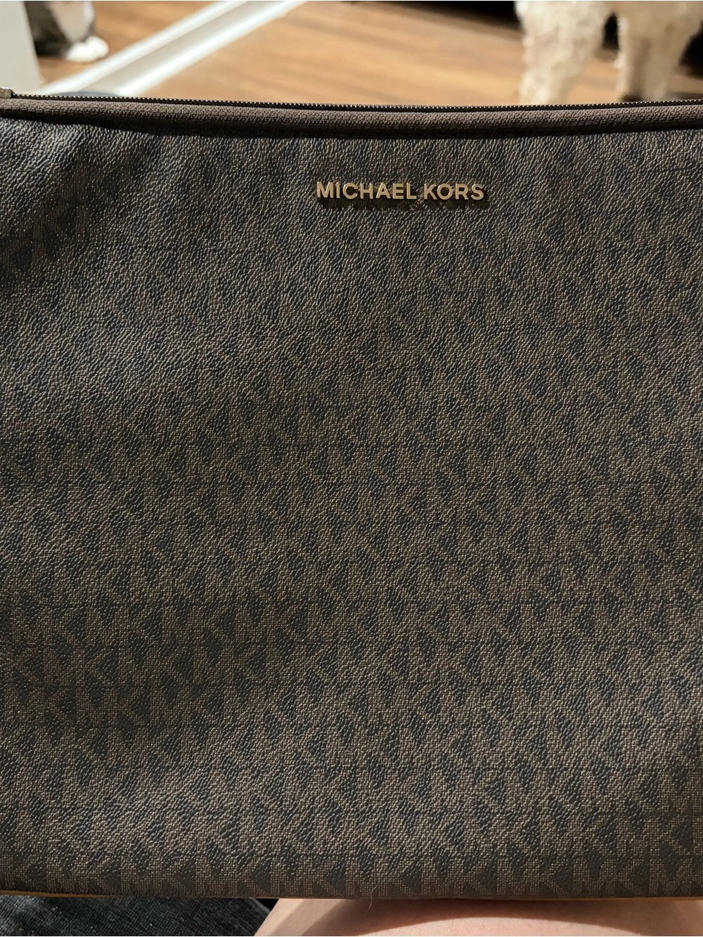Michael Kors Brown Monogram Travel Pouch with Gold Logo